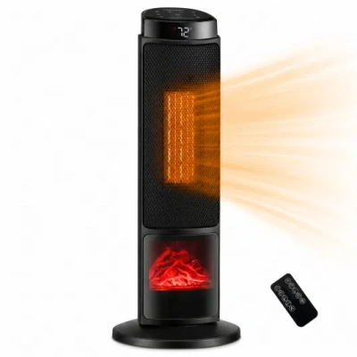 Costway 24 Inch 1500w Ptc Ceramic Tower Space Heater With 7-color Flame-black
