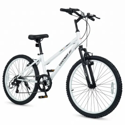 Costway 24 Inch Kids Mountain Bike Adjustable With 7 Speed And Suspension Fork-white