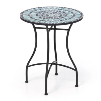 Costway 24 Inch Patio Bistro Table With Ceramic Tile Tabletop-blue In Black