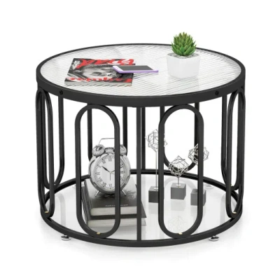 Costway 24 Inch Round Coffee Table With Reeded Tempered Glass Top And Oval Swivel Brackets-black