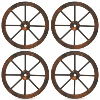 Costway 24 Inch Set Of 4 Decorative Wooden Wagon Wheel Carbonized Solid Fir Wood In Brown