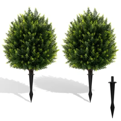 Costway 24 Inches Artificial Cypress Topiary Ball Tree Set With Ground Spike-green