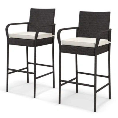 Costway 2/4 Pieces Outdoor Pe Rattan Cushioned Barstool Set With Armrests-set Of 2 In Black