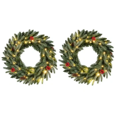 Costway 24" Pre-lit Christmas Wreath Set Of 2 Front Door Artificial Xmas Wreath With 90 Frosted Branch Tips In Green
