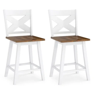 Costway 24" Rubberwood Swivel Barstools Set Of 2 With Backrest And Large Seat-white