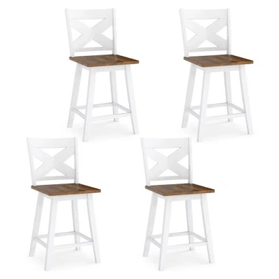 Costway 24" Rubberwood Swivel Barstools Set Of 4 With Backrest And Large Seat-white
