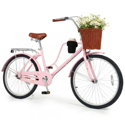 Costway 24-inch Beach Cruiser Bike With Cup Holder And Woven Basket - Pink In Multi
