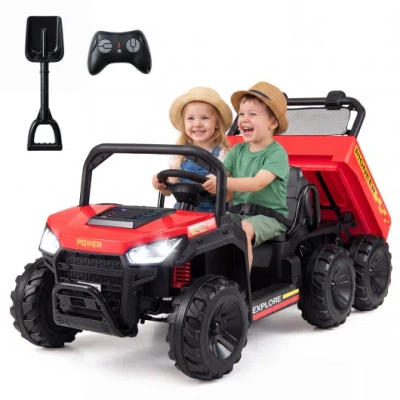 Costway 24v 2-seater Kids Ride On Dump Truck 4wd With Electric Dump Bed And Lights-red In Black