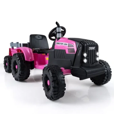 Costway 24v Ride On Tractor For Kids Electric Vehicle With Detachable Trailer And Remote Control-pink In Animal Print