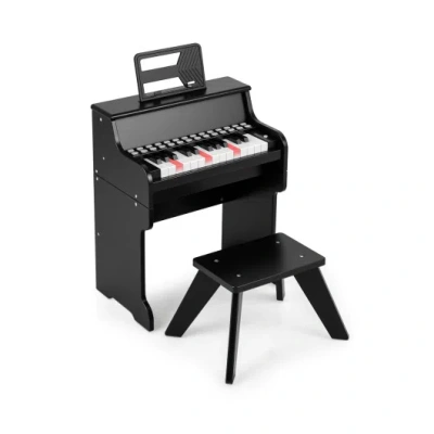 Costway 25 Keys Kids Piano Keyboard With Stool Mini Digital Piano Wooden Toy With Adjustable Speed And Volum In Black