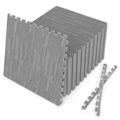 Costway 25 Tiles Wood Grain Foam Floor Mats With Borders-gray In Multi