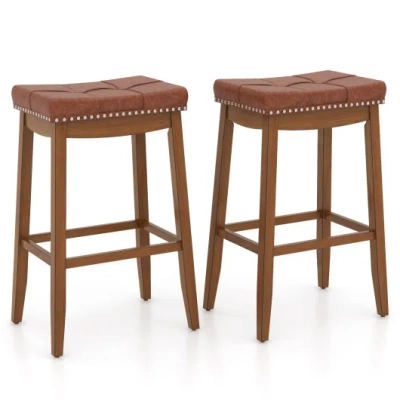 Costway 25/29 Inch Set Of 2 Upholstered Pu Leather Bar Stools With Saddle Seat-29 Inches In Brown
