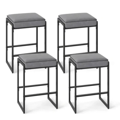 Costway 26 Inch Bar Stools Set Of 4 Counter Height Barstools With Faux Leather Upholstered Seat-gray In Black