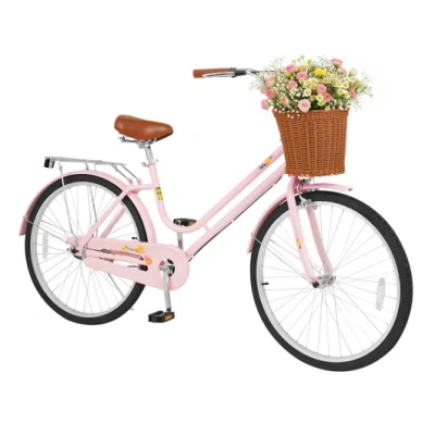Costway 26 Inch Beach Cruiser Bike For Women With Woven Basket And Rear Rack - Pink In Multi