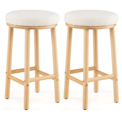 Costway 27" Bar Stools Set Of 2 Upholstered Barstools With Boucle Fabric Seats-white In Brown