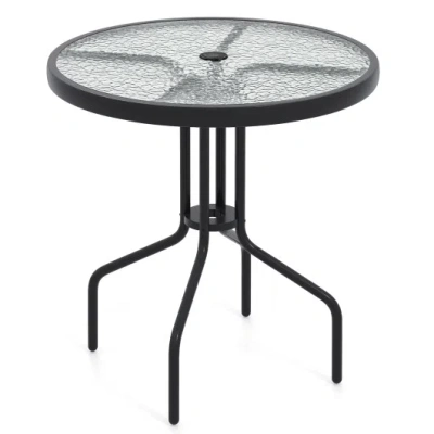Costway 27.5 Inch Round Patio Dining Table With Rippled Tempered Glass Top For Backyard In Black