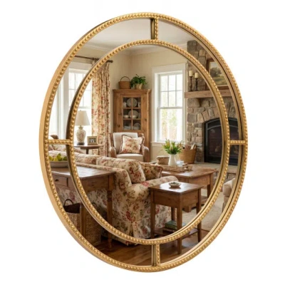 Costway 28 Inch Gold Round Wall Mirror With Beaded Frame For Living Room Entryway-golden In Brown