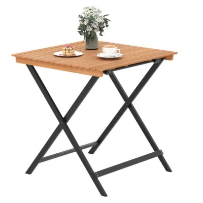 Costway 28 Inch Patio Folding Square Table With Slatted Tabletop For Backyard Porch In Brown
