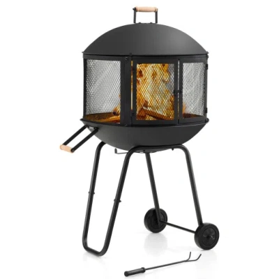 Costway 28 Inch Portable Fire Pit On Wheels With Log Grate-black