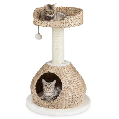 Costway 28 Inches Hand-made Cat Tree Tower With Jump Platform-white In Brown