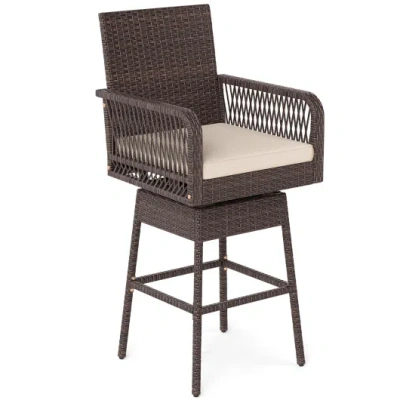 Costway 29" Bar Height Patio 360° Swivel Bar Stool With Cross-woven Armrests Footrest And Seat Cushion-brown