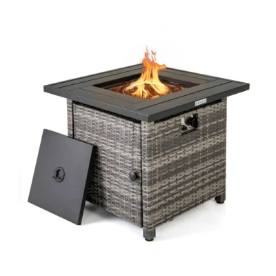 Costway 29 Inch Propane Rattan Firepit Table With Lava Rocks And Protective Cover-gray In Black