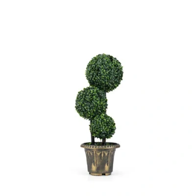 Costway 29 Inches Artificial Boxwood Topiary Tree Triple Ball Shrubs In Green