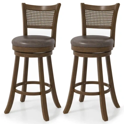 Costway 29 Inches Swivel Counter Height Barstool Set Of 2 With Rattan Backrest And Footrest-brown In Multi