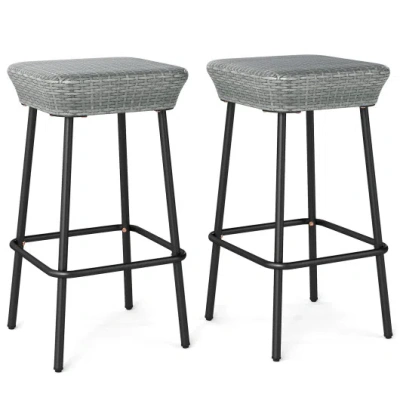 Costway 29.5 Inches Patio Bar Stools Set Of 2 With Rattan Seat And Footrest In Gray