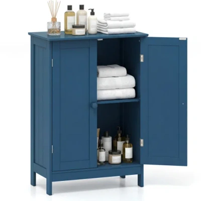 Costway 2-door Freestanding Wooden Bathroom Cabinet With Adjustable Shelf-green In Blue