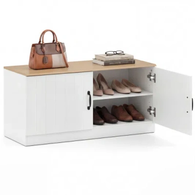Costway 2-door Shoe Bench Shoe Storage Cabinet With Adjustable Shelves-natural In White