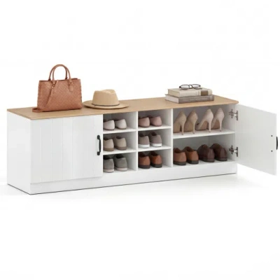 Costway 2-door Shoe Bench Storage Cabinet With Adjustable Shelves-natural In White