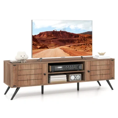 Costway 2-door Tv Stand For Tvs Up To 65 Inch With Open Shelves-oak In Brown