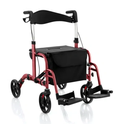 Costway 2-in-1 Adjustable Folding Handle Rollator Walker With Storage Space-red In Black