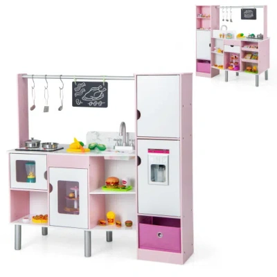 Costway 2-in-1 Double-sided Kids Kitchen And Market With Realistic Light And Sound-pink In Multi