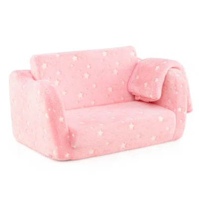 Costway 2-in-1 Folding Kids Couch With Blanket Glow In The Dark-pink