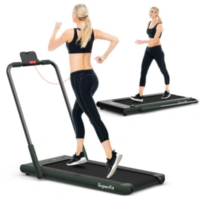 Costway 2-in-1 Folding Treadmill With Remote Control And Led Display-green In Black