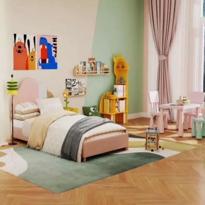 Costway 2-in-1 Kids Furniture Set: Twin Bed Frame & 3-piece Activity Play Table And Chair Set In Multi