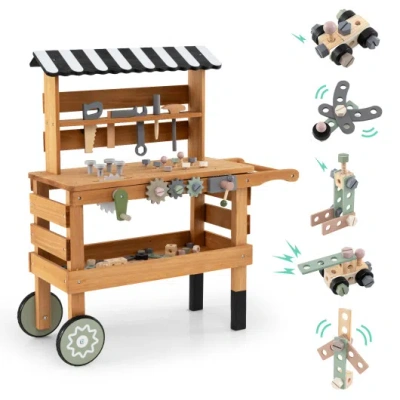 Costway 2-in-1 Kids Rolling Cart With Play Tools Set For Construction Play-brown In Multi