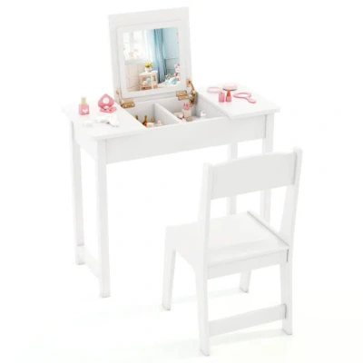 Costway 2-in-1 Kids Vanity Makeup Table And Chair Set With Flip Top Mirror-white