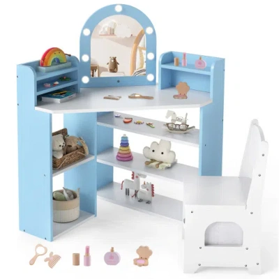 Costway 2-in-1 Kids Vanity Set With Lights For Toddlers 3+ Years Old-white In Animal Print
