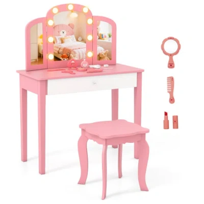 Costway 2-in-1 Kids Vanity Table Set With Tri-folding Detachable Mirror And Lights-pink