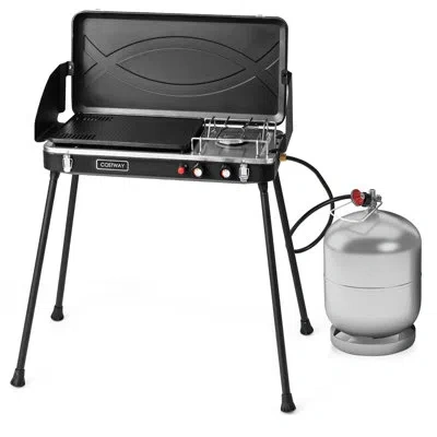 Costway 2-in-1 Propane Grill 2 Burner Camping Gas Stove Portable W/ Removable Leg In Black