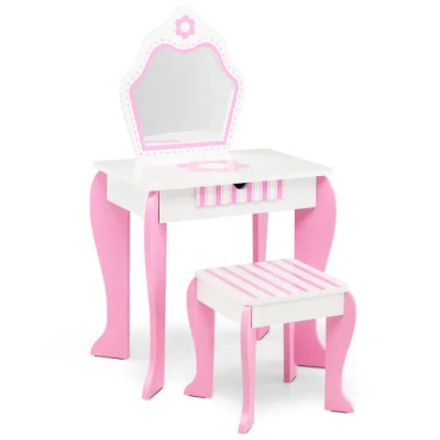 Costway 2-in-1 Toddler Vanity Set With Detachable Top & Cute Flower Patterns-white In Multi