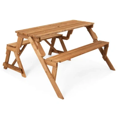 Costway 2-in-1 Transforming Interchangeable Wooden Picnic Table Bench With Umbrella Hole-dark Brown