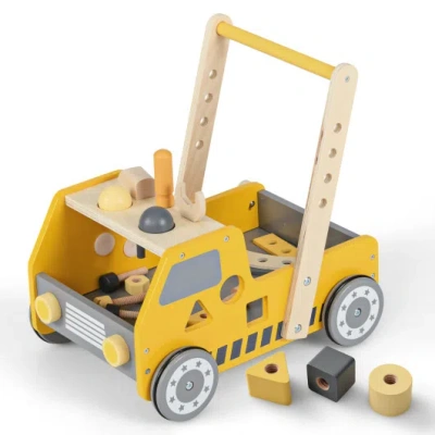 Costway 2-in-1 Wooden Baby Walker With Adjustable Speed And Bottom Storage-yellow