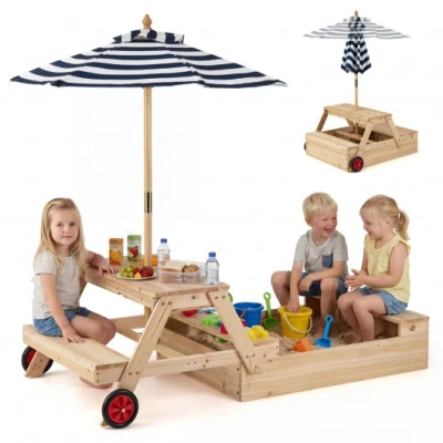 Costway 2-in-1 Wooden Sandbox With Foldable Umbrella And Convertible Picnic Table-blue In Brown