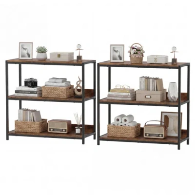 Costway 2-pack 3-tier Industrial Bookshelf With Metal Frame-rustic Brown