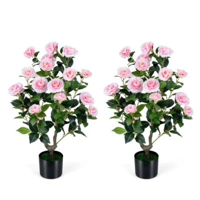 Costway 2-pack Artificial Camellia Tree Faux Flower Plant In Cement-filled Pot-pink In Multi