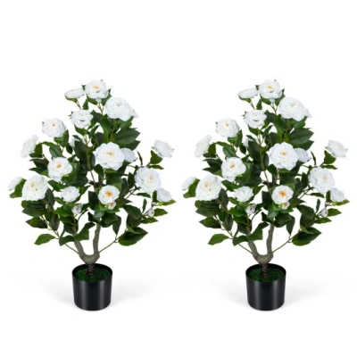 Costway 2-pack Artificial Camellia Tree Faux Flower Plant In Cement-filled Pot-white In Green
